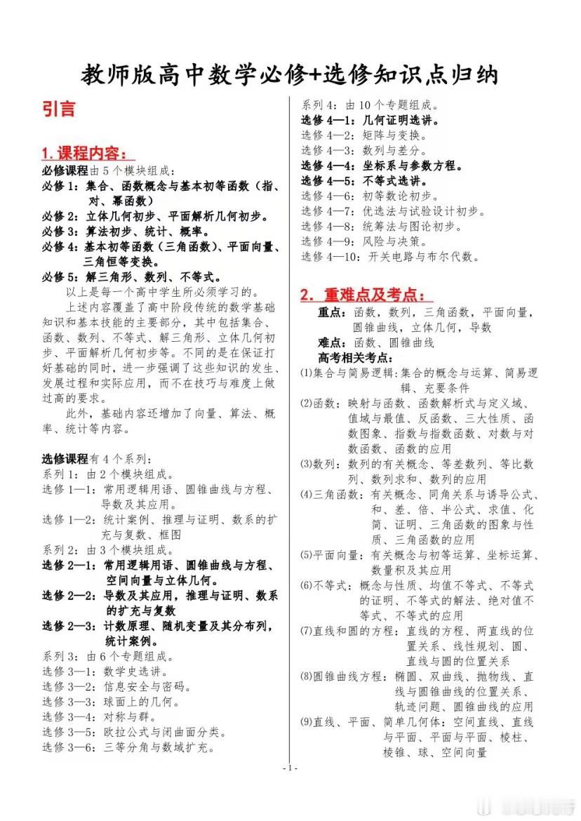 高中数学必修+选修知识点归纳总结。吃透这些资料，高考数学遥遥领先（上） ​​​