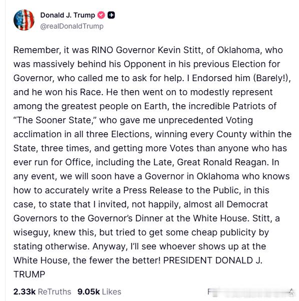 【黄金时代】川普再次批评俄克拉荷马州长凯文·斯蒂特记住，是俄克拉荷马州的共和党建