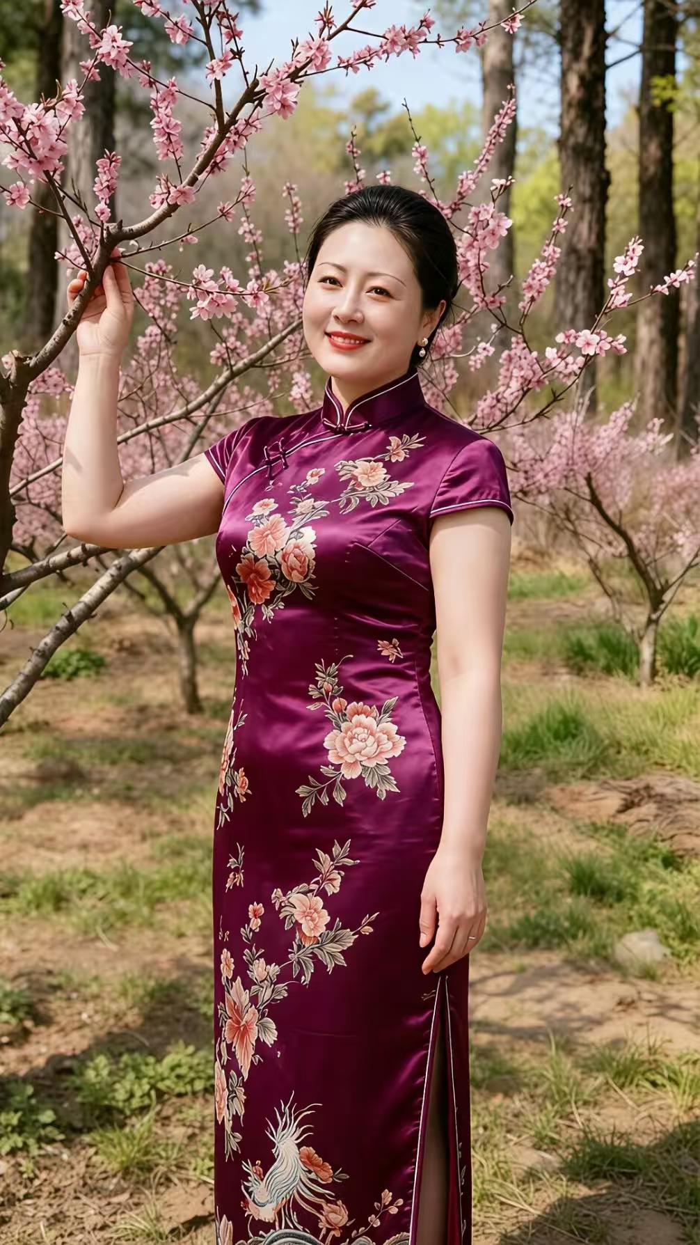 红颜入画
紫红罗袂入尘埃，
人面桃花相映开。
岁月何曾欺绝色，
嫣然一笑寄春怀。