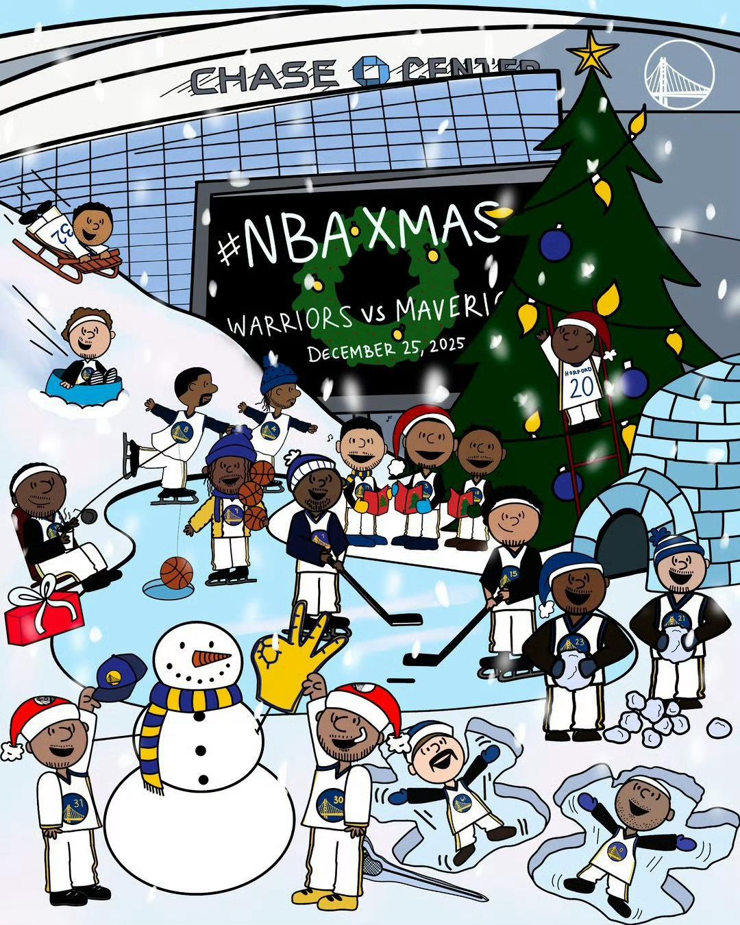 勇士圣诞节海报非常充分地考虑了个人特色😁喝咖啡的休闲吉米爱玩的斯蒂芬库里打雪仗