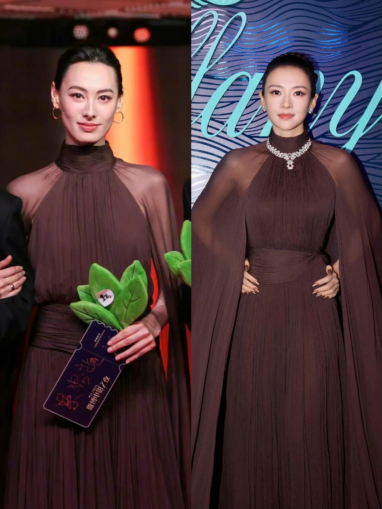 左边是梁洛施，1988年出生，身高172cm。
右边是章子怡，1979年出生，身