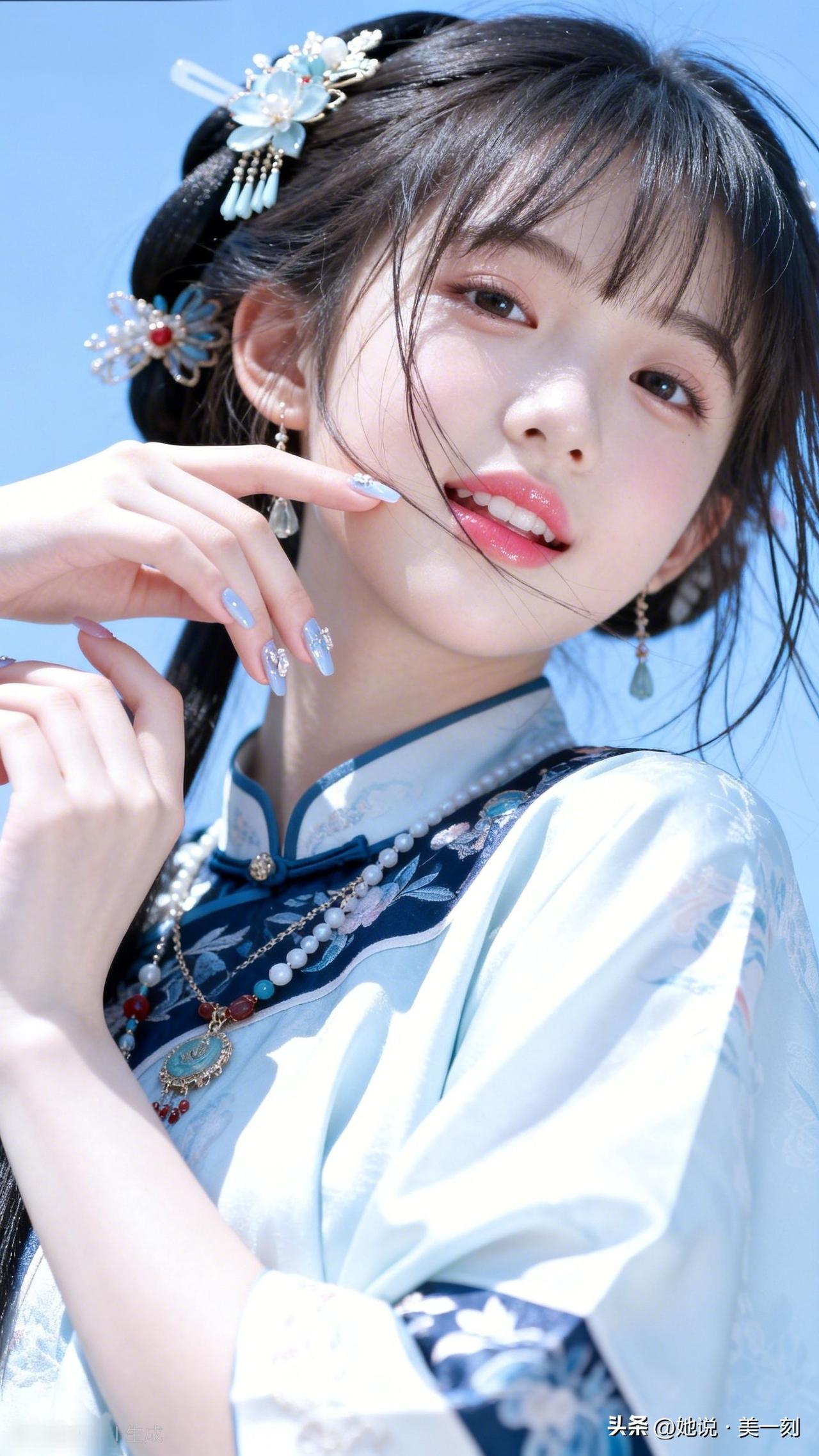 清新古风少女，精致发饰与华美服饰相得益彰，尽显古典韵味。