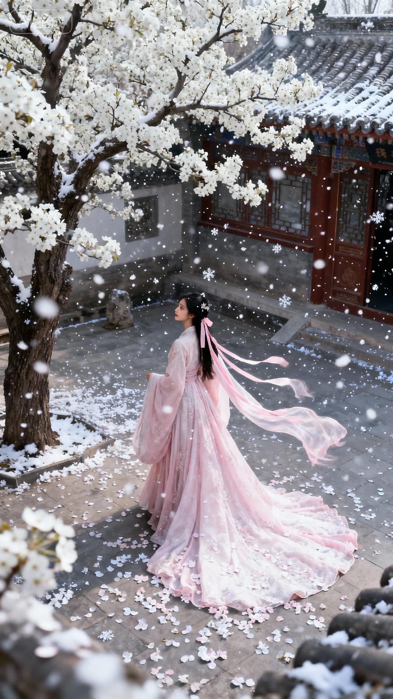 雪棠吟
 
琼英覆雪满庭芳，粉袂翩跹立画堂。
漫卷丝绦随絮舞，一枝棠雪入诗肠。