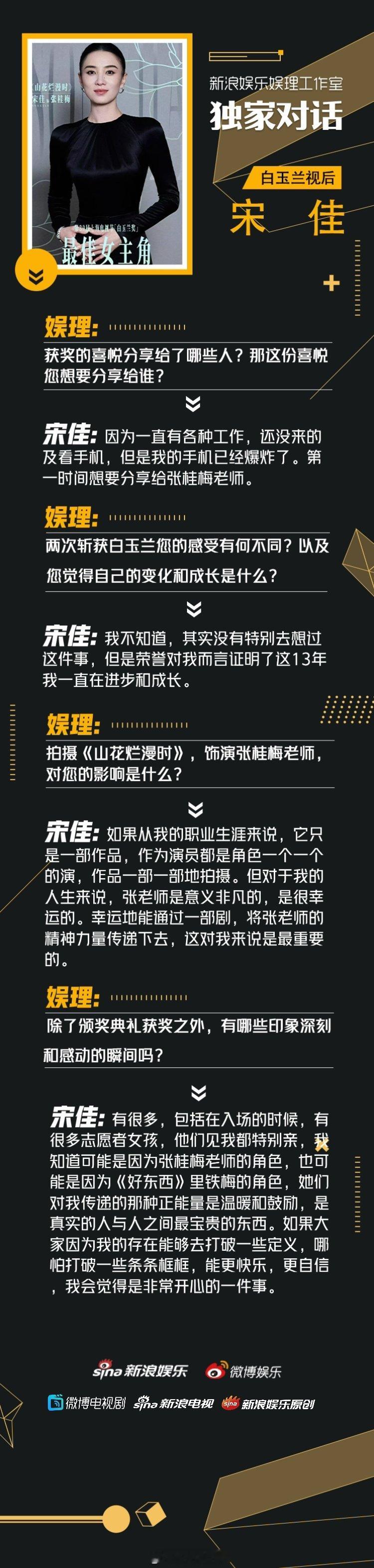 宋佳回应白玉兰神图 宋佳说我什么时候都是最好的时候 凭借《山花烂漫时》，在昨晚的