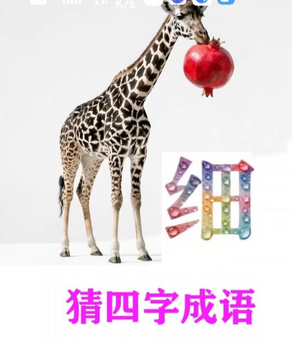 成语继续猜一下；
图中画面太美了；
长颈鹿把石榴叼；
还有汉字细字展；
谐音猜个