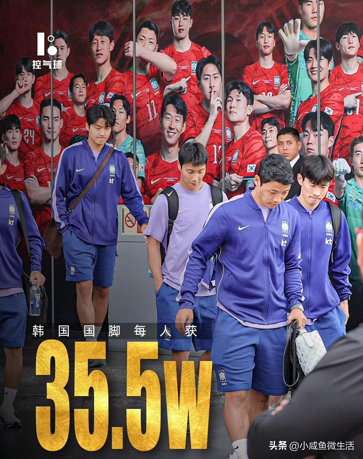 韩国国脚每人获8000万韩元，折合人民币35.5万元。

我惊讶的不是韩国输球了