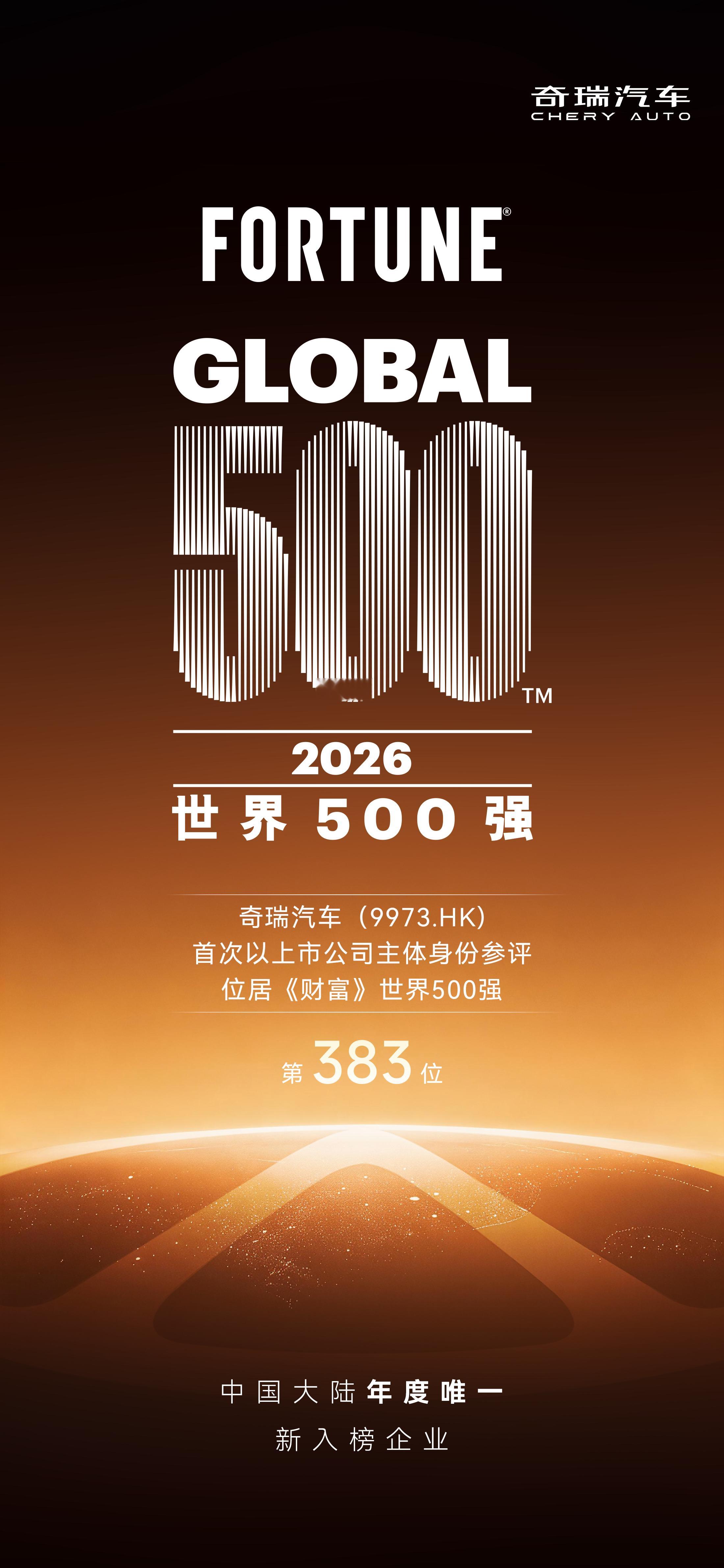 大v聊车 2026财富世界500强榜单出炉，奇瑞汽车首次以上市公司主体入围，也是