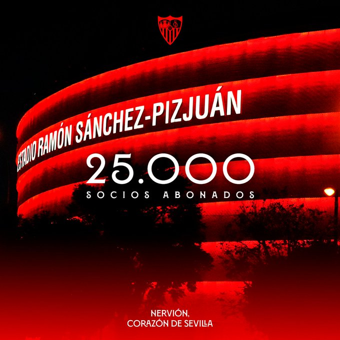 球队新赛季套票订阅人数已超25,000人，感谢支持塞维利亚的大家😊VamosM