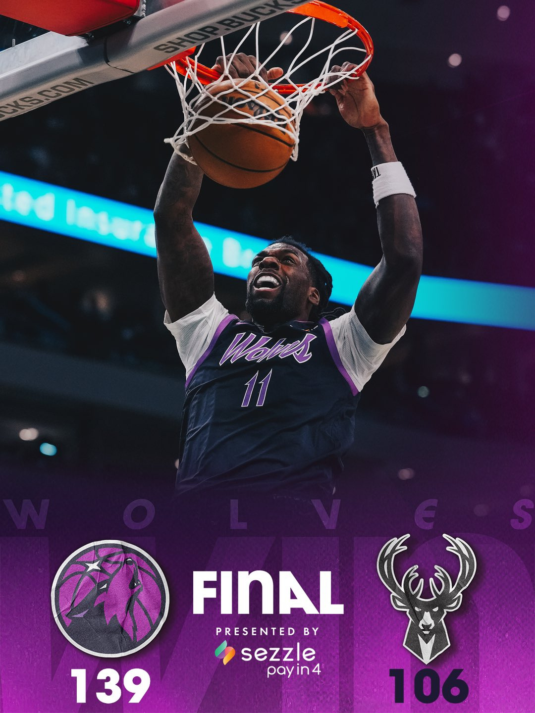 NBA常规赛，森林狼客场139-106大胜雄鹿，爆出冷门。森林狼在缺少爱德华兹、