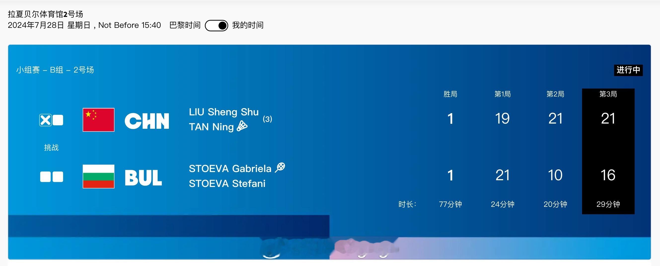 #巴黎奥运会# 🏸女双小组赛第二轮B组🇨🇳刘圣书/谭宁 19-21 21-