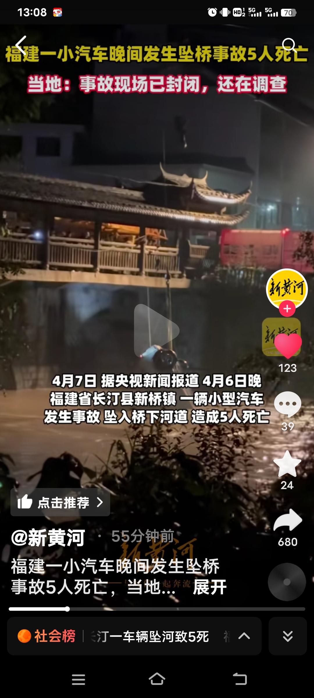 4月6日晚，福建省长汀县发生一起车辆坠桥事故，一辆小型的汽车连人带车从桥上坠入河