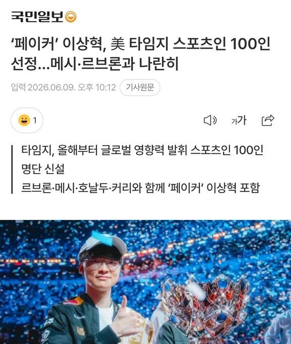 《国民日报》Faker（李相赫）入选《时代》百大体育人物，与梅西、詹姆斯并列《时