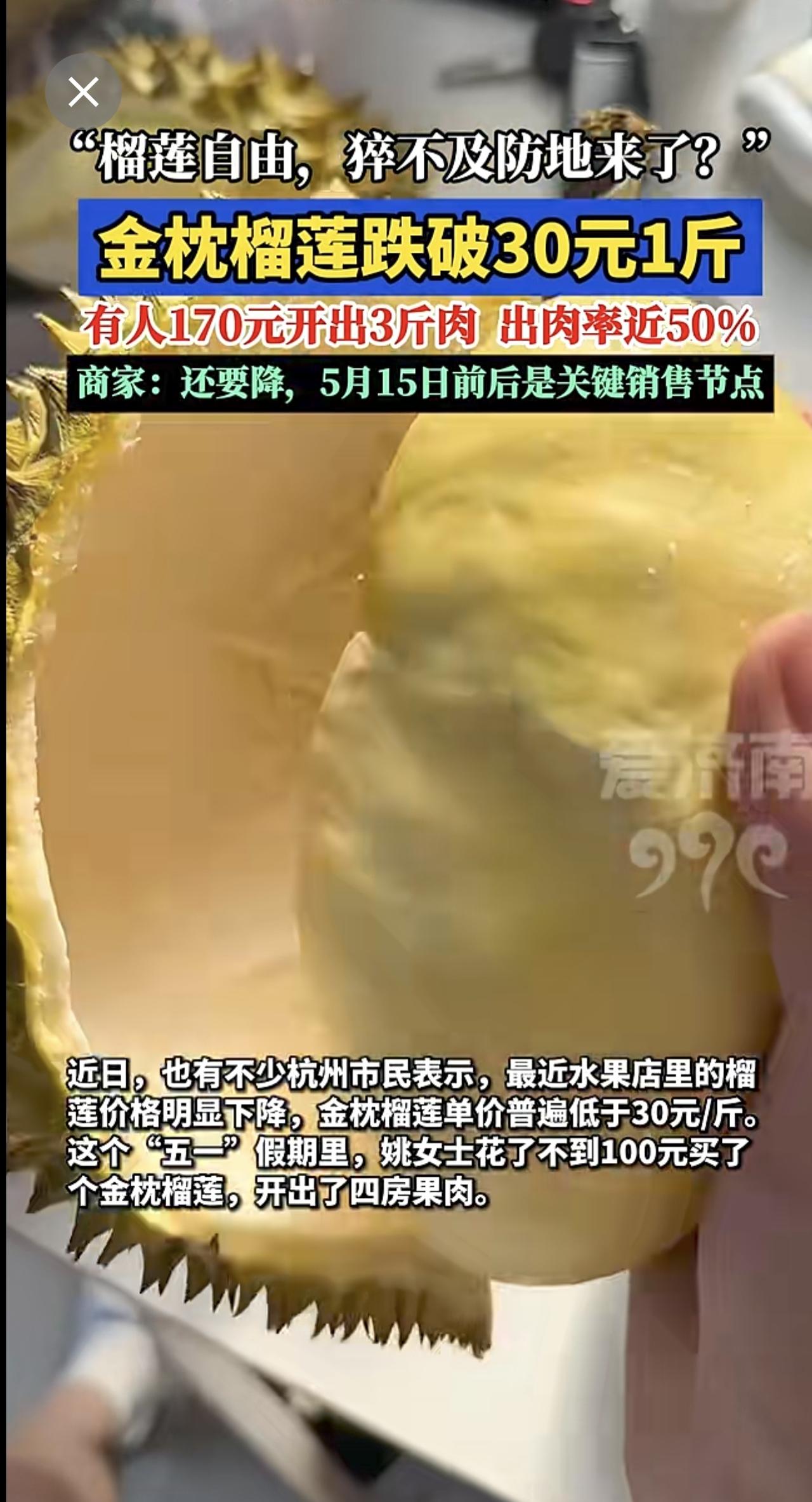 “榴莲自由，猝不及防地来了？”金枕榴莲跌破30元1斤，商家:还要降，5月15日前