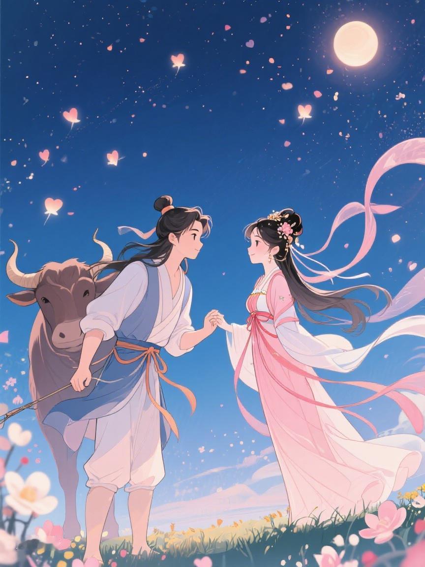 AI妙生图夜空中，星月相伴，花海间，爱意流转，爱情在时光里，似诗般美好隽永🌹