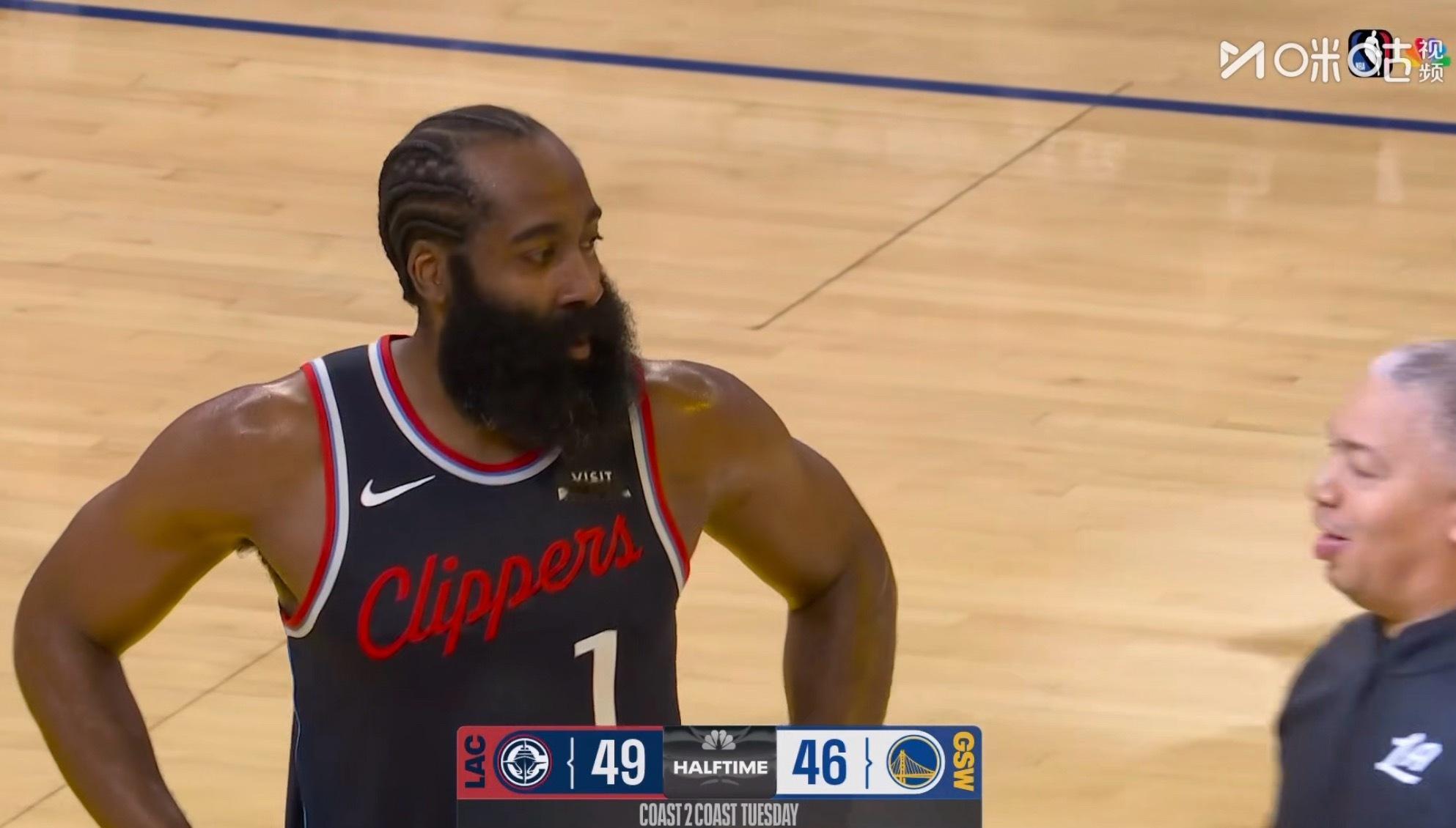 快船半场反超勇士3分，哈登20分3板2抢断。 快船vs勇士 ​​​