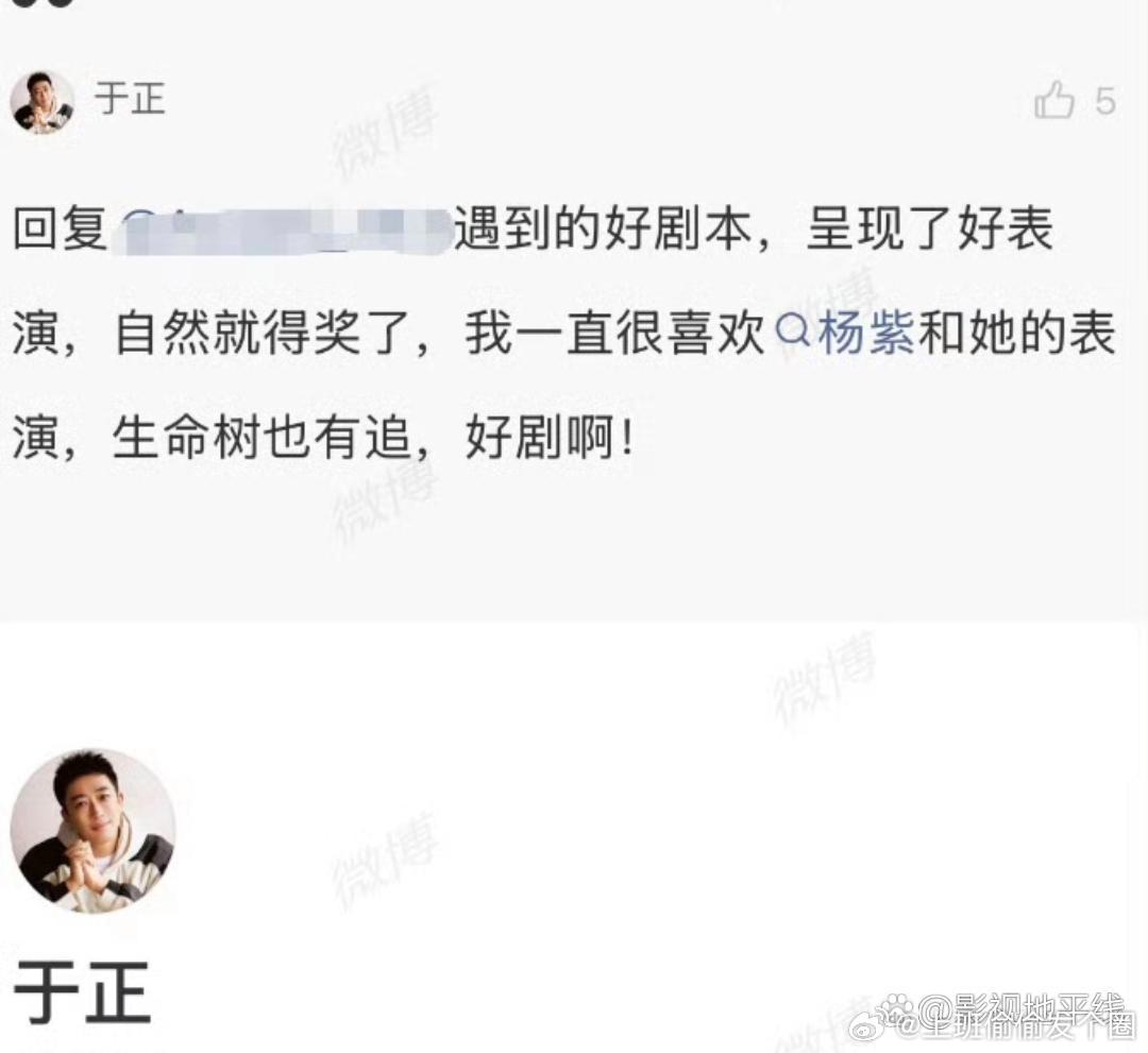 于正回应杨紫获奖于正在评论区回复网友，称“遇到的好剧本，呈现了好表演，自然就得奖