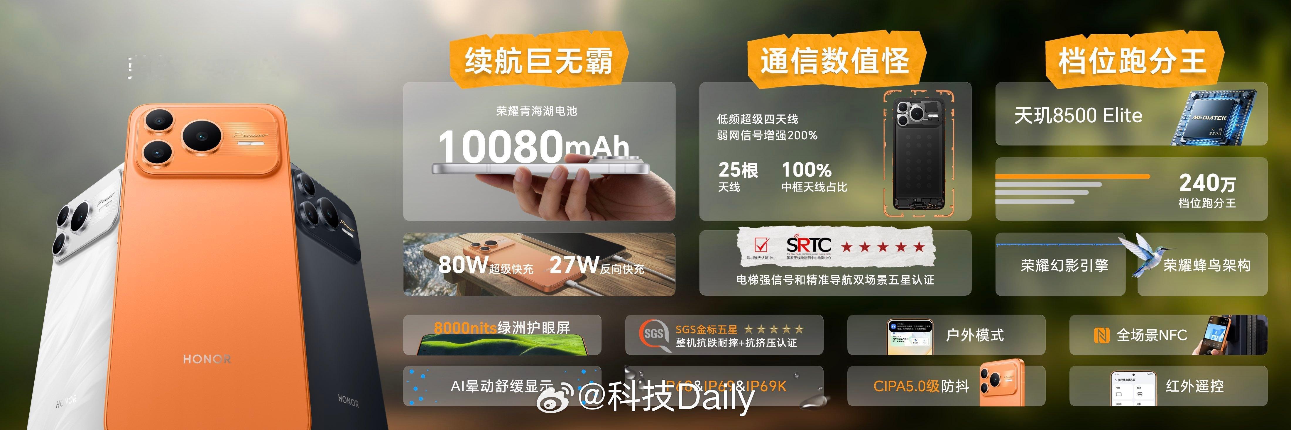 荣耀Power2 10080mAh超大电池，平行双轨天线，天玑8500 Elit