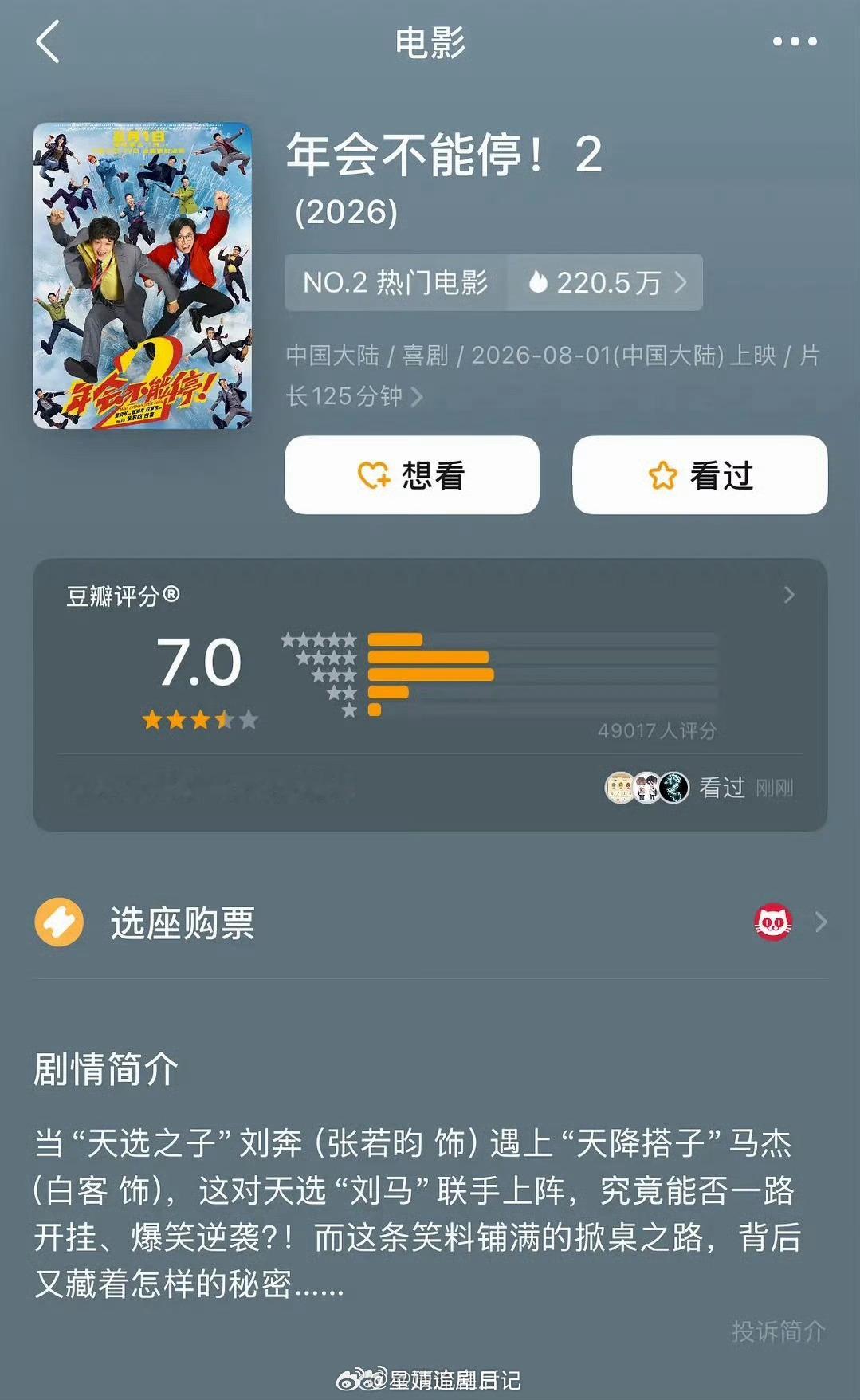 年会不能停2豆瓣开分7.0，预料之内～看过的小伙伴觉得这部电影能打几分？ 