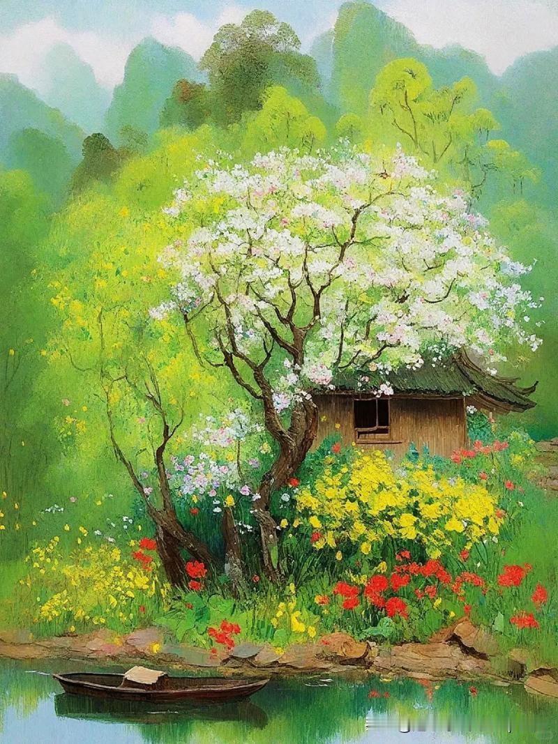 《花园》
——陈琏〔明代〕
沿堤柳色绿毵毵，
春水溶溶碧似蓝。
几树杏花烟雨里，
