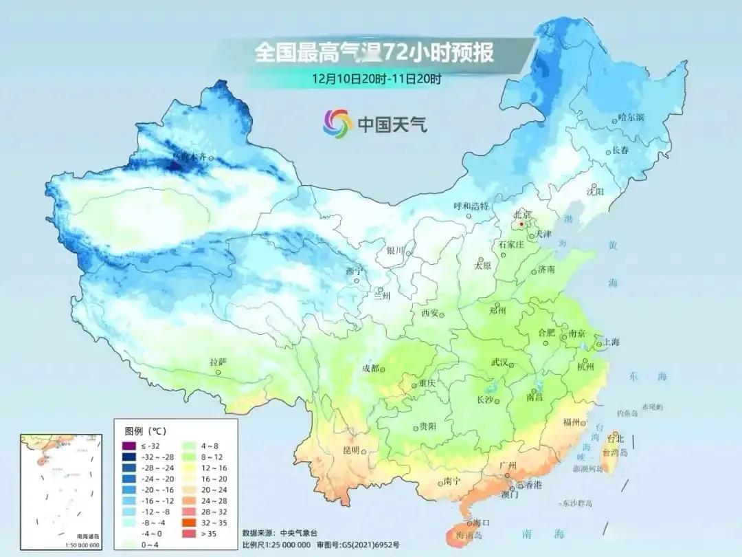 随着冷空气影响，南方部分地区已经来到了0℃线，而广东、福建、海南、台湾部分地区气