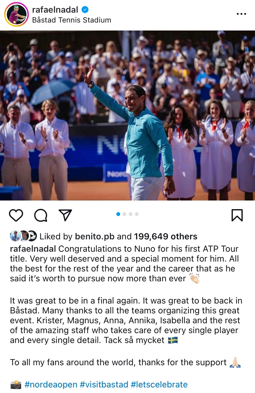 纳达尔在Instagram发文恭喜博尔热斯拿下ATP首冠，他表示很开心重返ATP