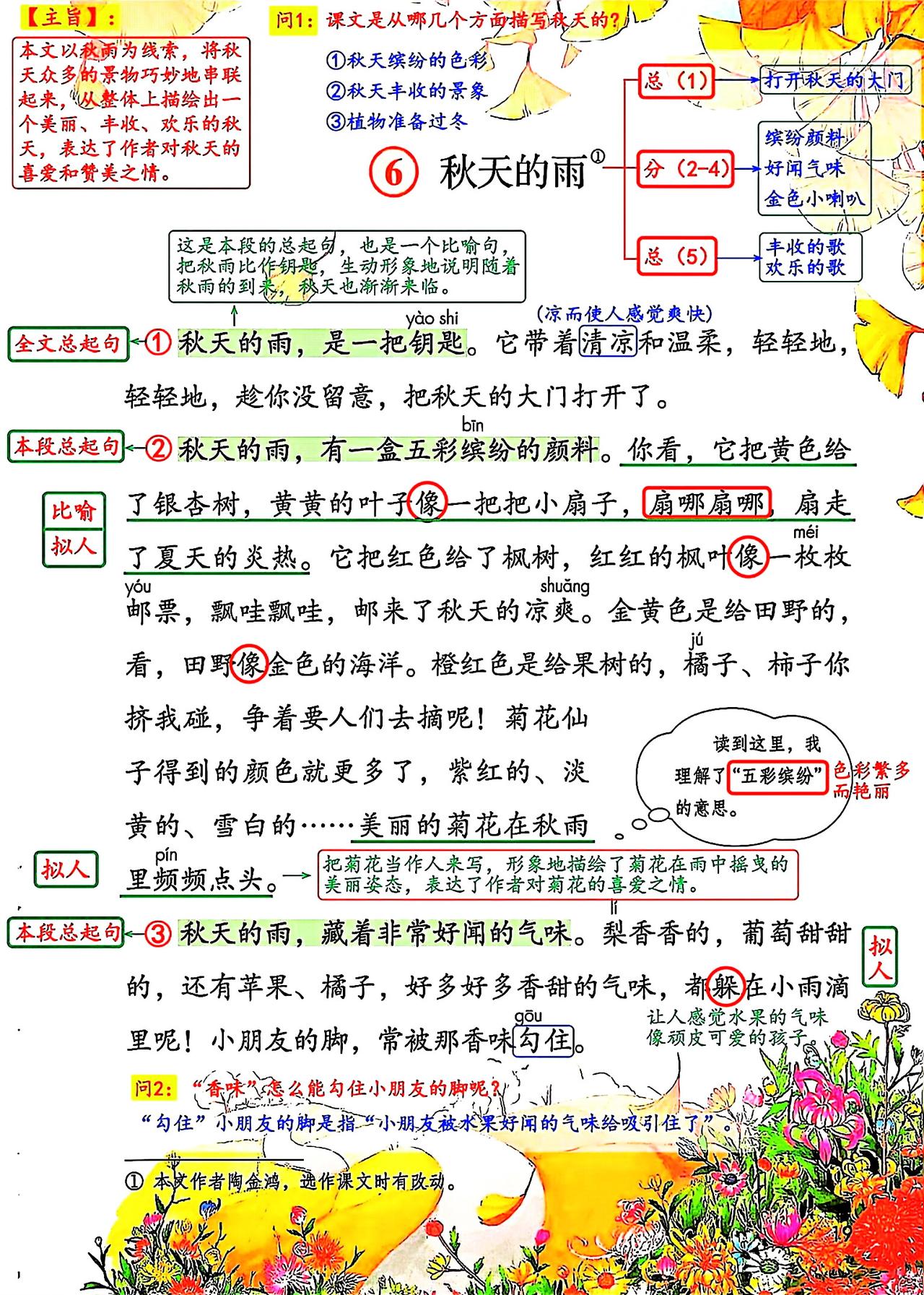 三年级上册语文，第二单元阅读6《秋天的雨》课堂学习笔记，暑假提取预习