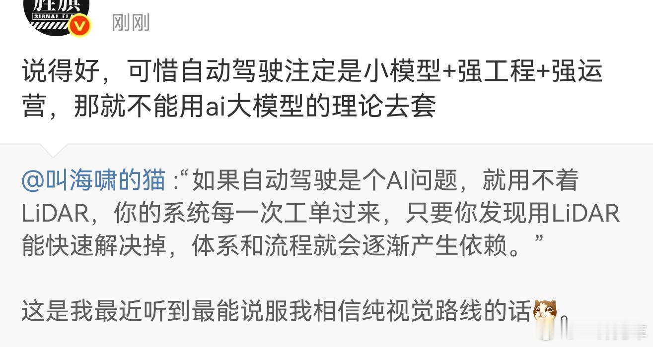大不大模型的先不说，原博就是纯扯淡，AI模型跟用不用LiDAR有啥关系？你家模型