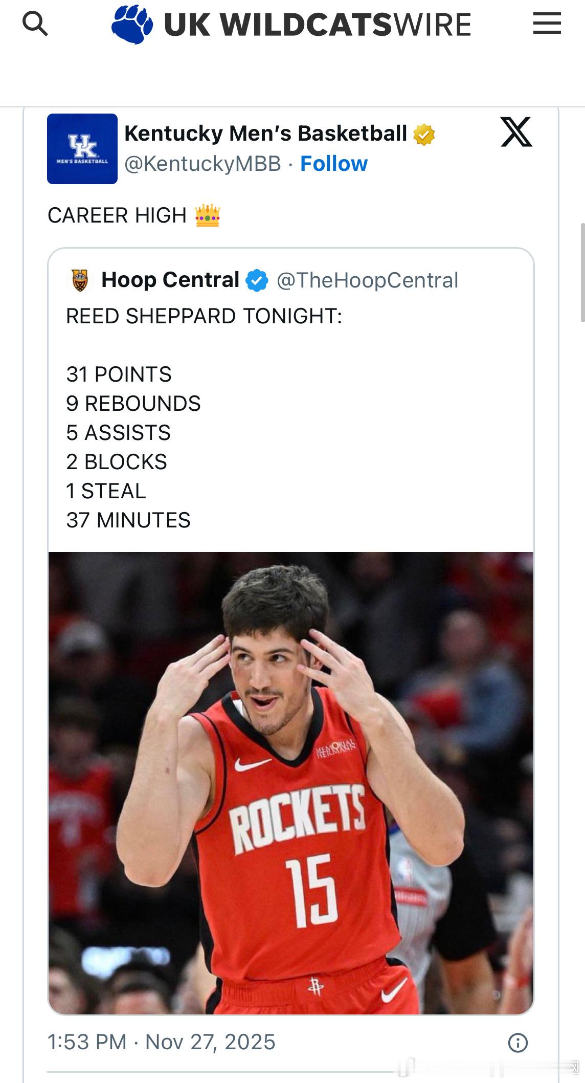 在斜坡斩杀勇士得到生涯最高分后，母校肯塔基也是发推祝贺（如图1）肯塔基野猫队官方