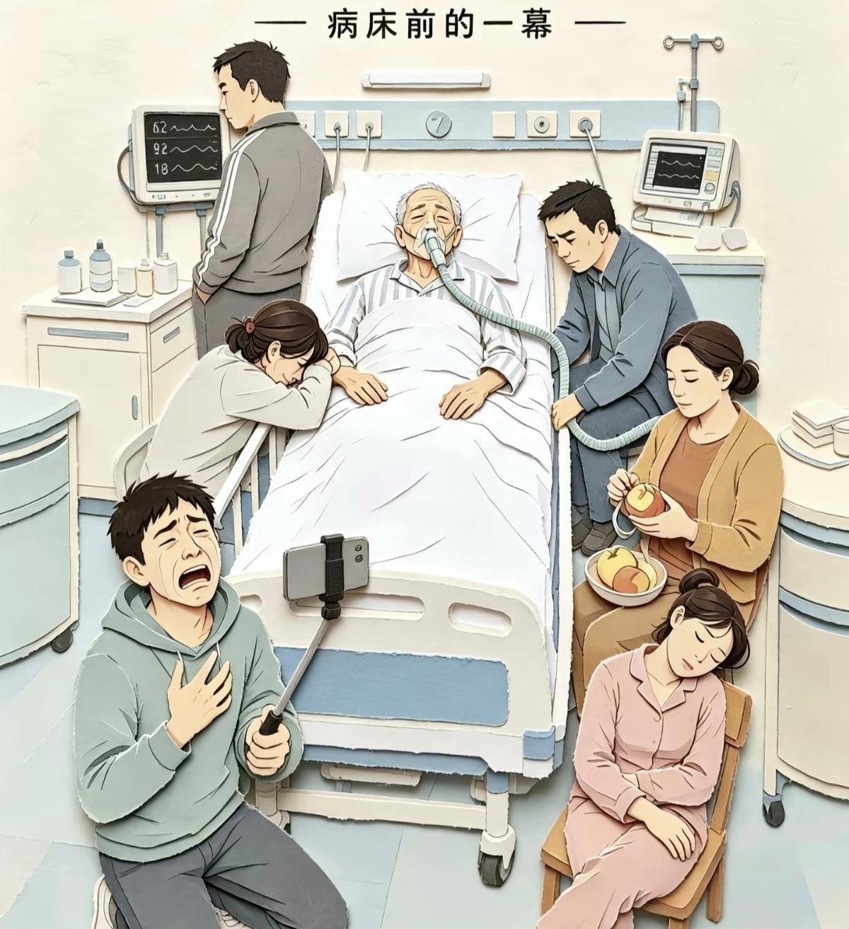 这幅图里面是三口子六个人，其实只有一个人在尽心尽责的护理着老爷子，你能看出来吗？