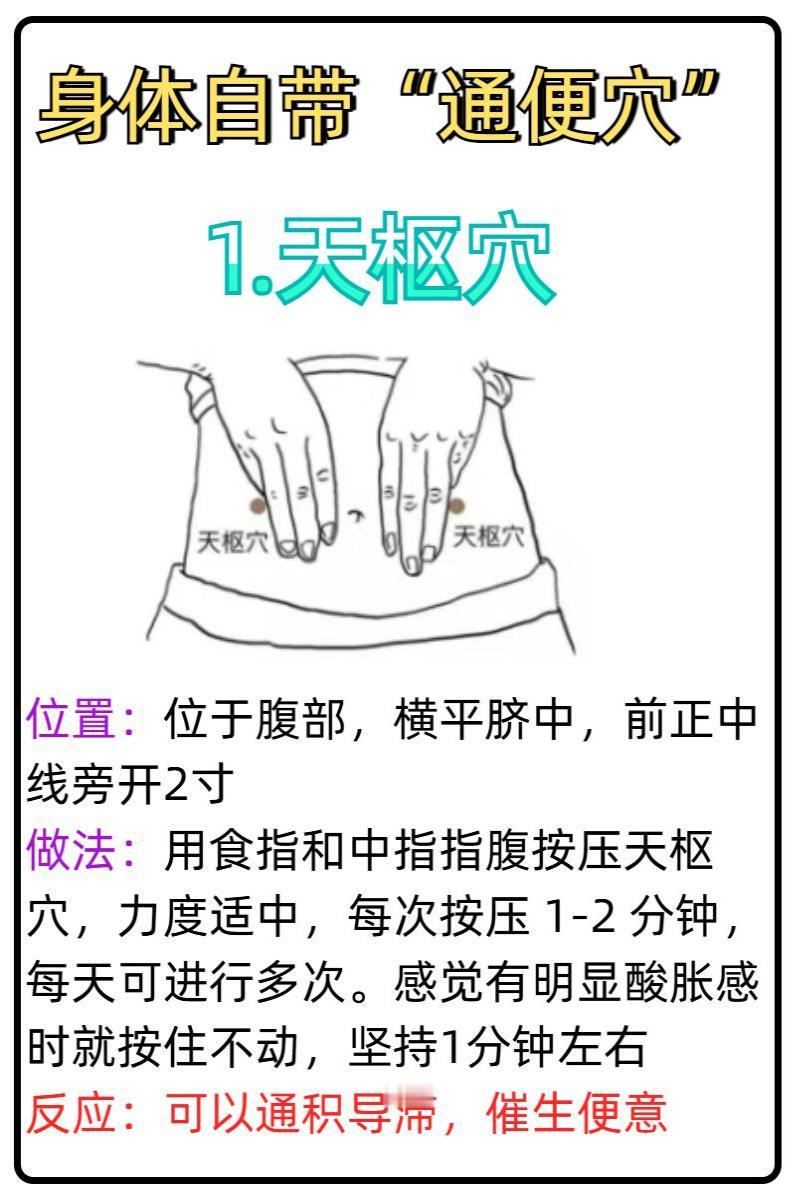 人体自带5个通便穴，让你大便舒畅，有需要的可以收藏！

1.天枢穴
2.支沟穴