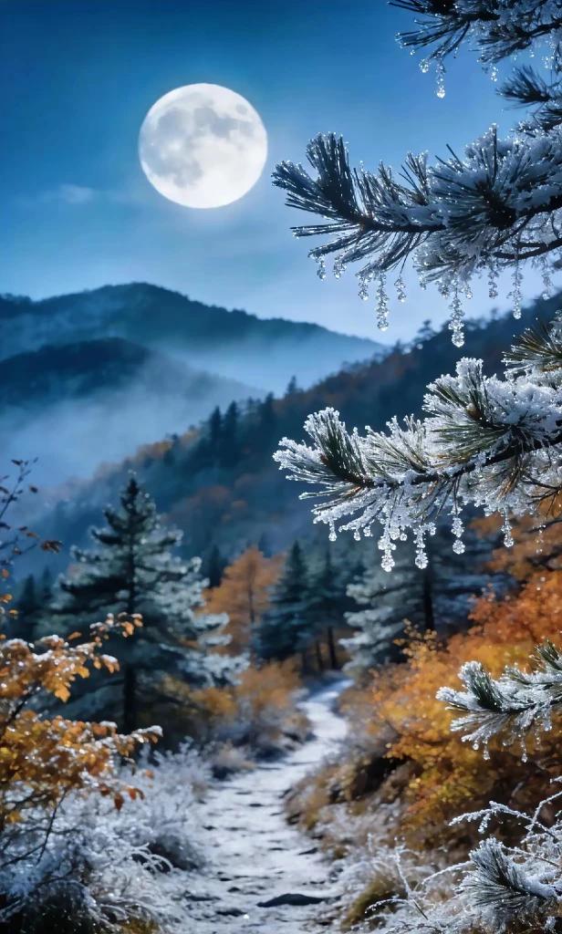 上联：松径含霜凝月色，
下联：层林尽染洒清辉。
此下联既契合秋景，又与上联的霜月