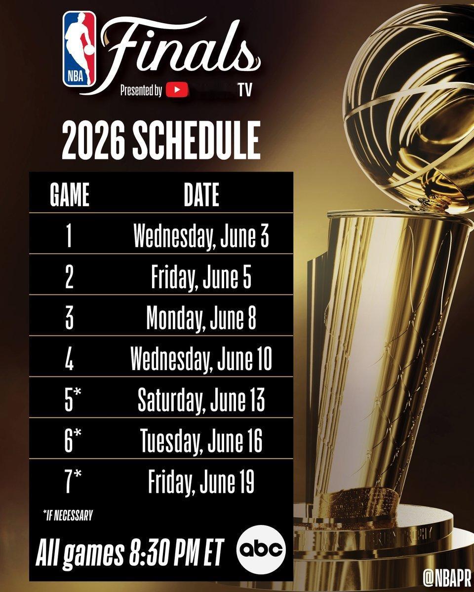 NBA官方今天公布了本赛季总决赛的时间安排，从北京时间6月4日开始，如果有第七场