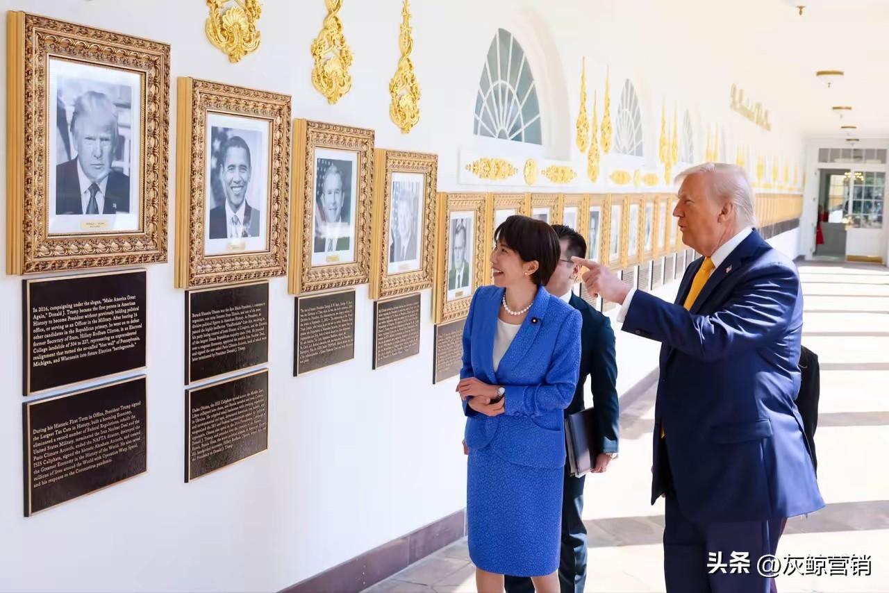 特朗普在白宫整的文化墙逗笑了高市早苗，高市早苗心想，为什么不对齐呢？还把自己的排
