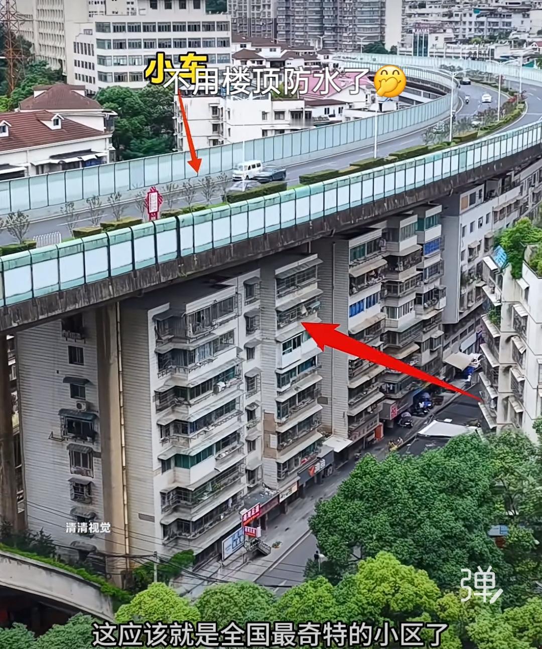 “桥楼共生”：桥上通车，桥下住人。
全国最奇特的“城市魔幻小区”。

这栋七八层