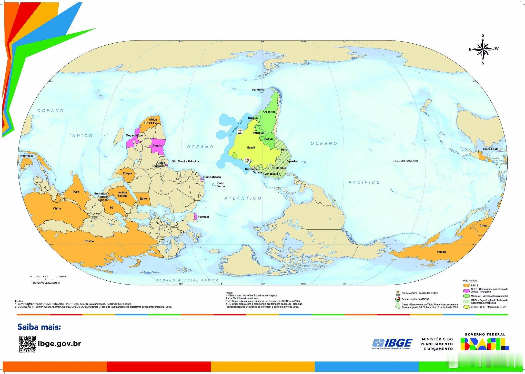 巴西政府颁布的世界地图，长成这样。 