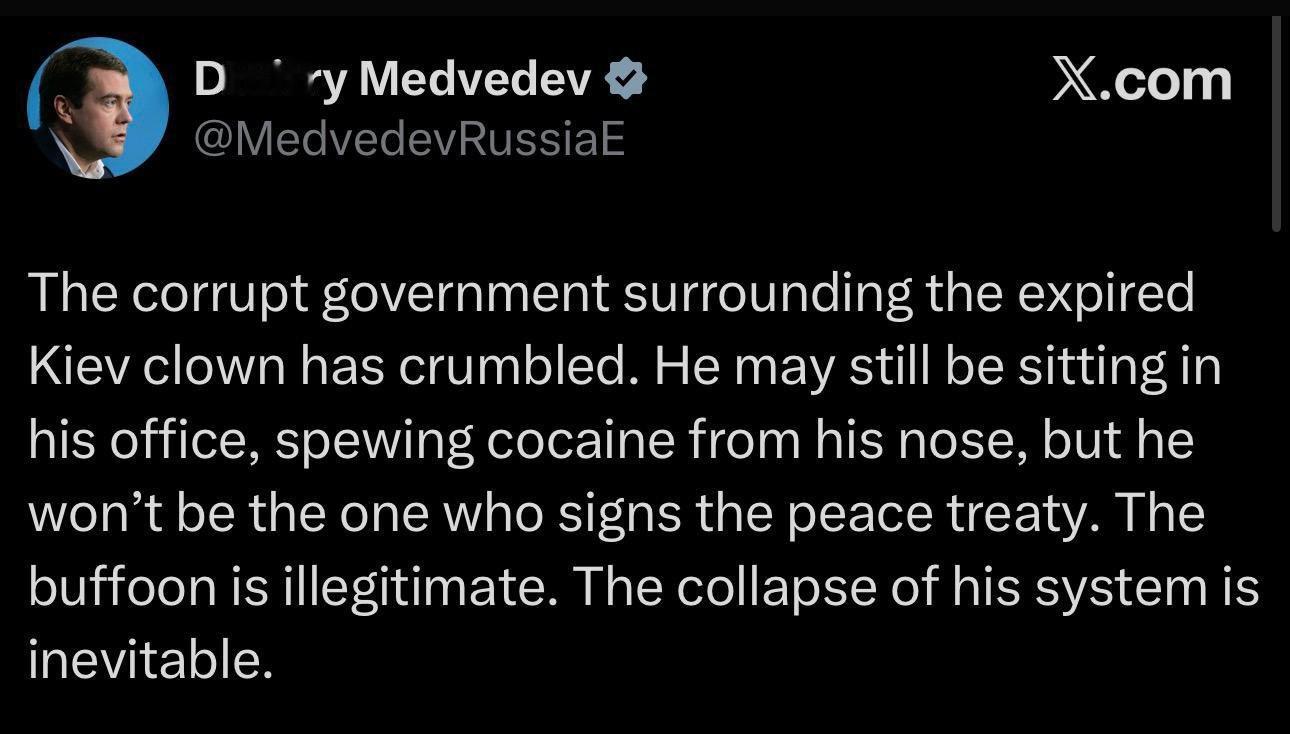 梅德韦杰夫写道，俄罗斯不会与泽连斯基签署和平协议，称泽连斯基是非法的。俄罗斯对和