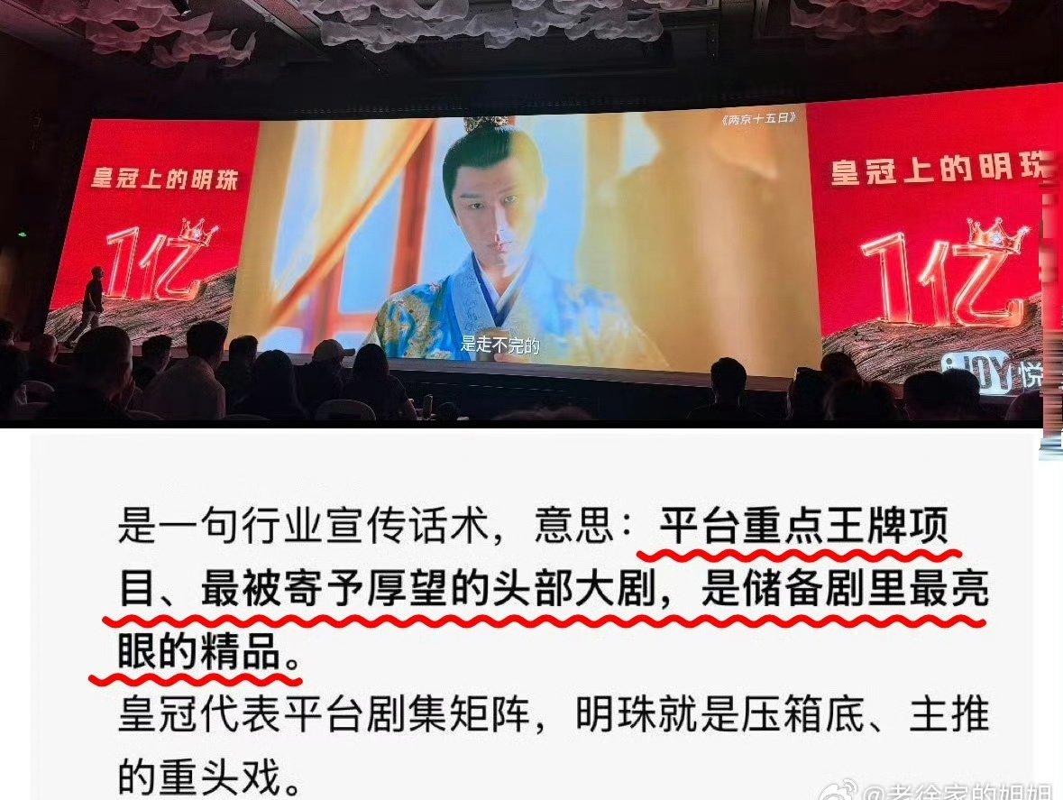 爱奇艺招商会称成毅的两京十五日为皇冠上的明珠，为平台最重要的顶级头部大剧。[66