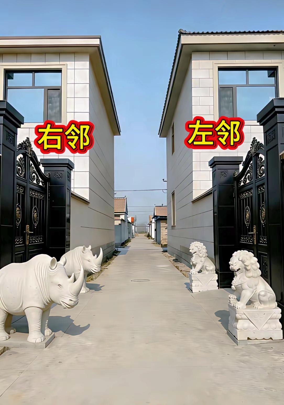笑不活了！这左邻右舍也太有梗了😂
一边是镇宅石狮子，一边是霸气石犀牛，
一个守