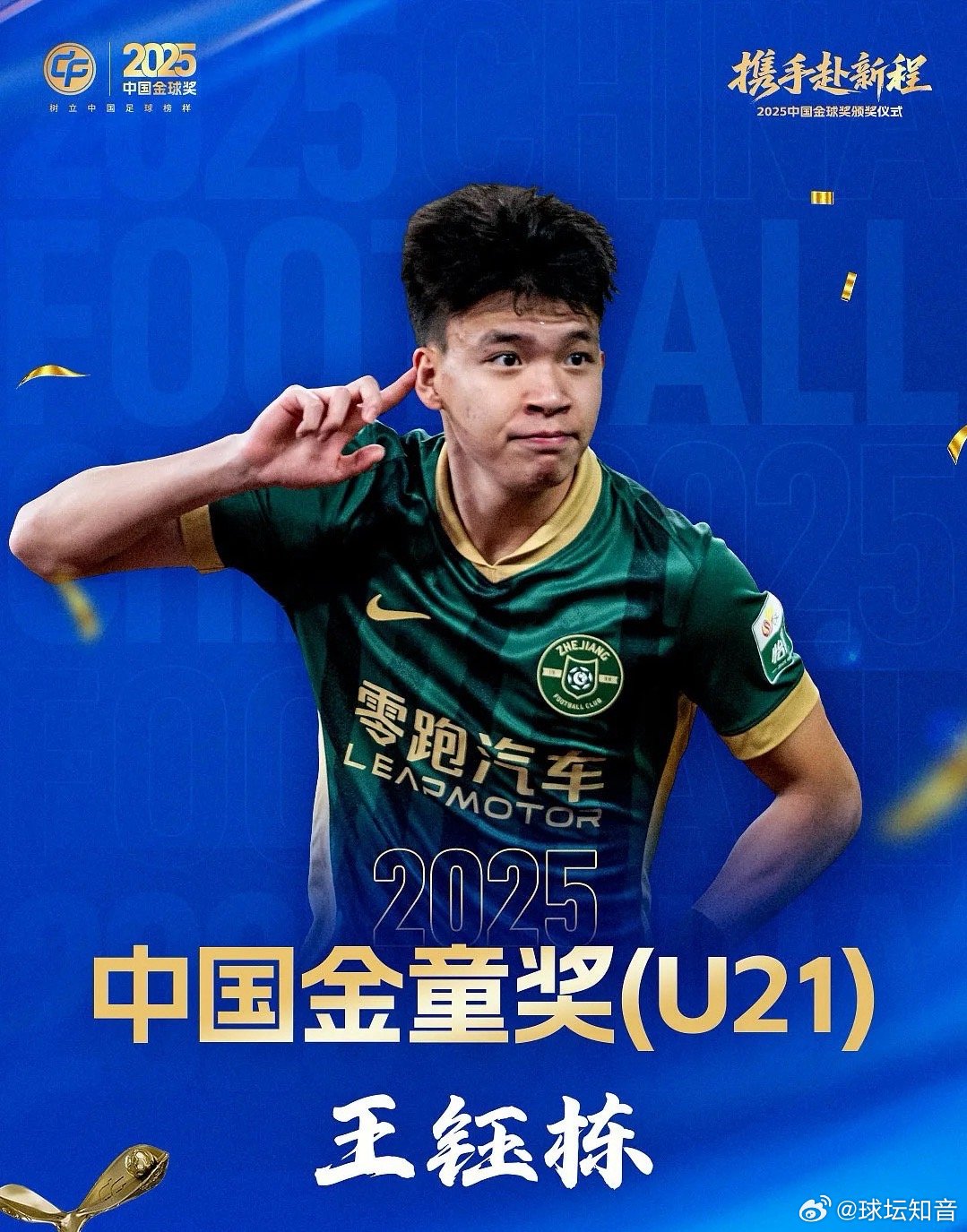 2025中国金球奖颁奖典礼正在进行，浙江新星王钰栋当选U21中国金童奖。本赛季1
