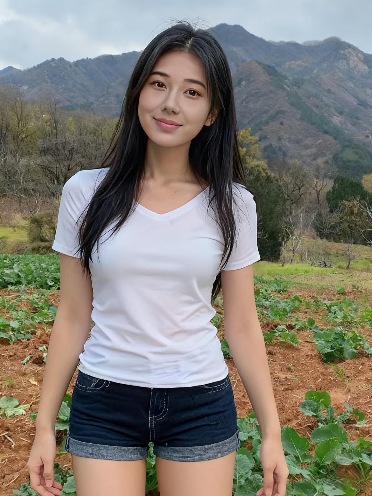 田野铺新绿，倩女立垄头。
白衫沾晓露，乌发拂晴柔。
笑靥融春色，明眸映碧流。
心