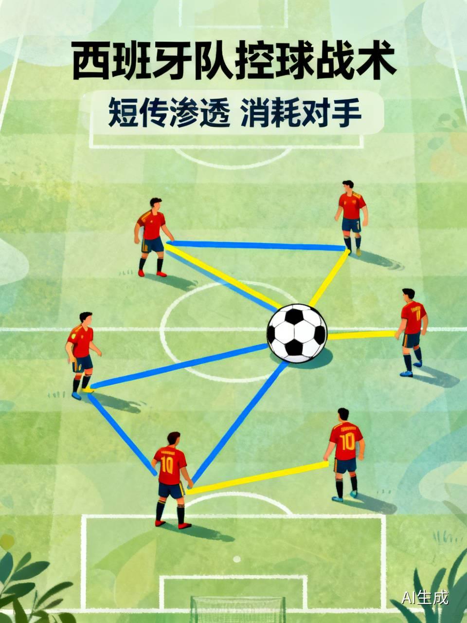 西班牙队的控球战术那叫一个绝！它主打短传渗透，球员间配合极其细腻。就像一场精密的