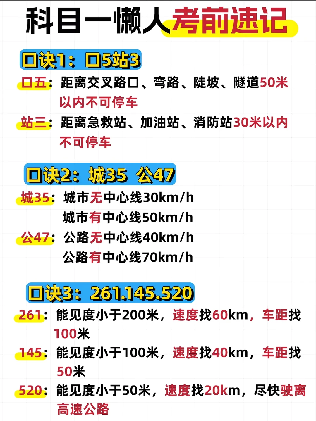 科目四考前2小时速记 能见度：261.145.520 >261：能见度...