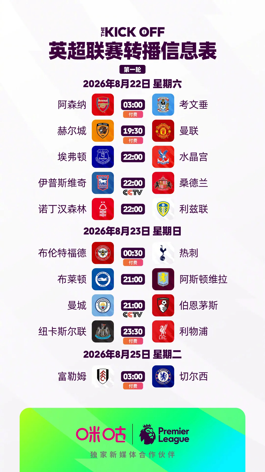 本周末！2026‑27英超大幕正式拉开！新赛季宣告开工，英超首轮转播详情参考图片