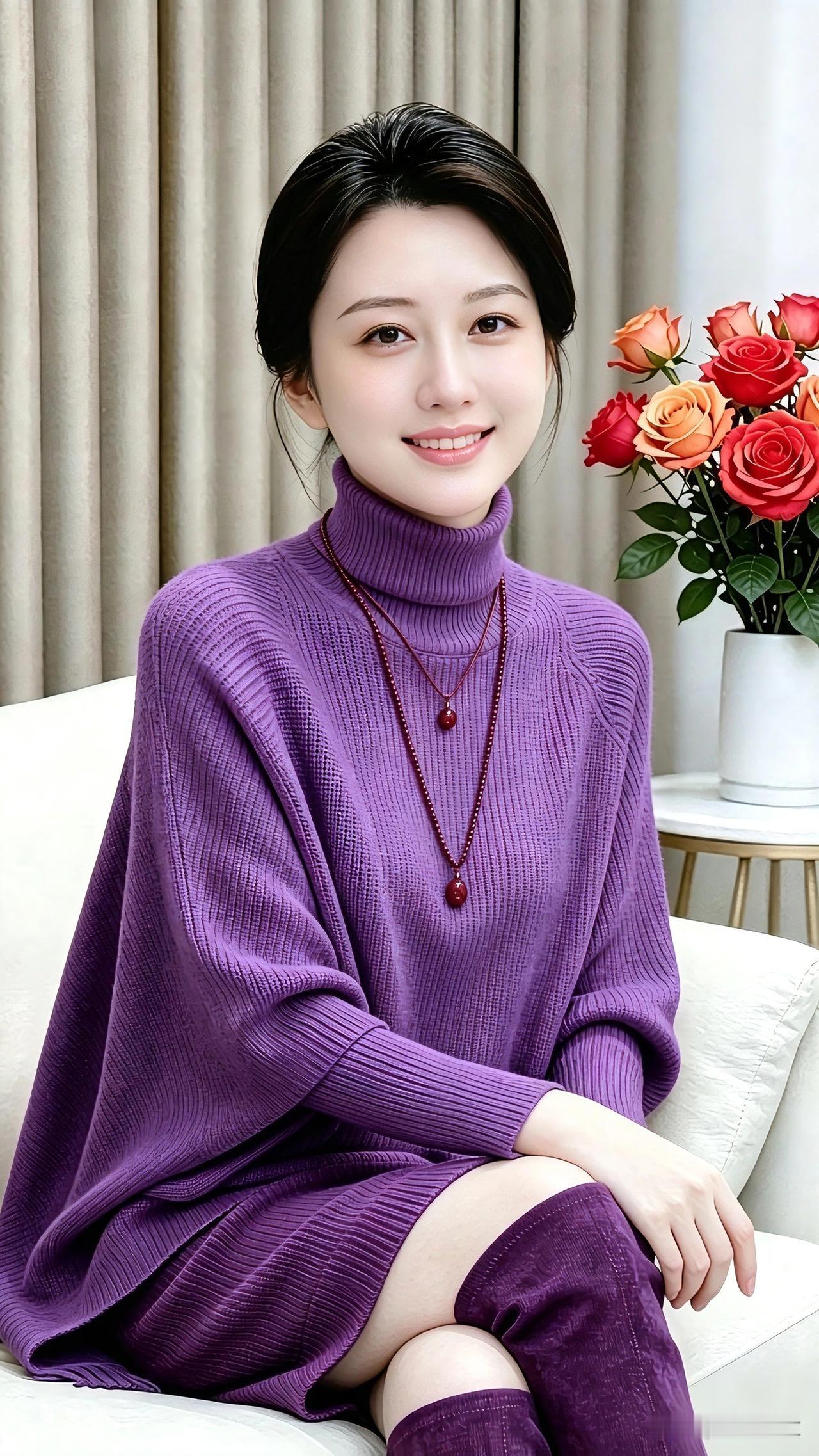 这套紫色针织我真的很喜欢，慵懒宽松，上身特别舒服。
同色系搭配简单大方，一条项链