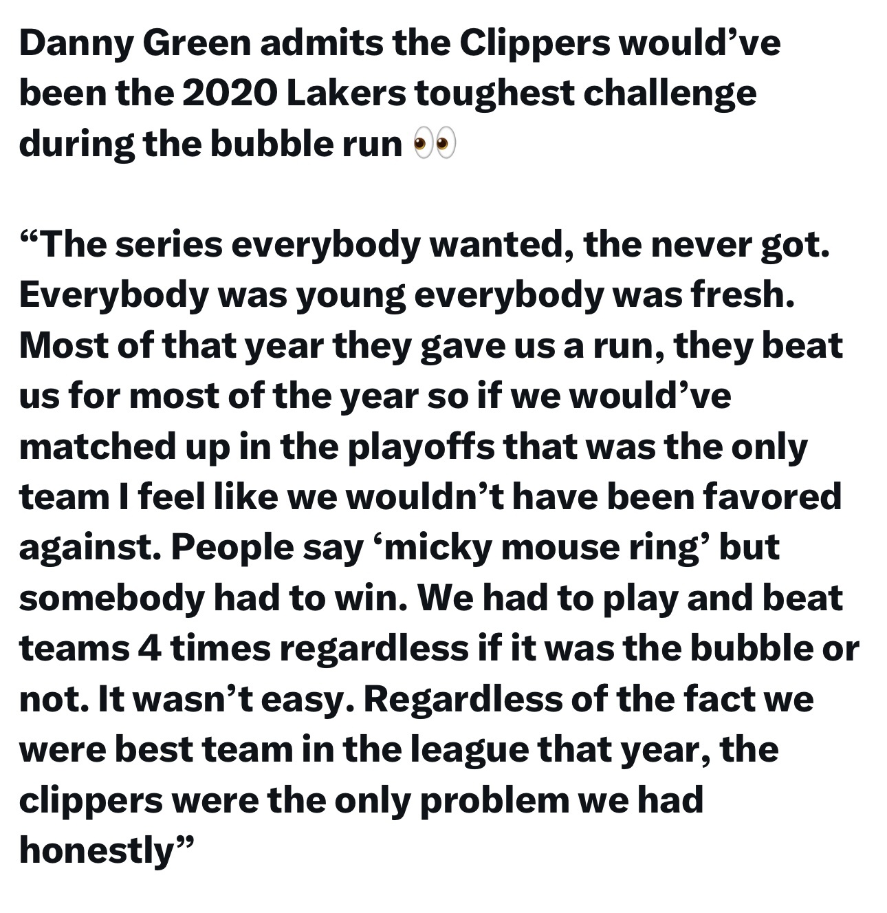 丹尼·格林坦言，在2020年湖人夺冠的赛季里，快船原本会成为湖人最头疼的对手：“
