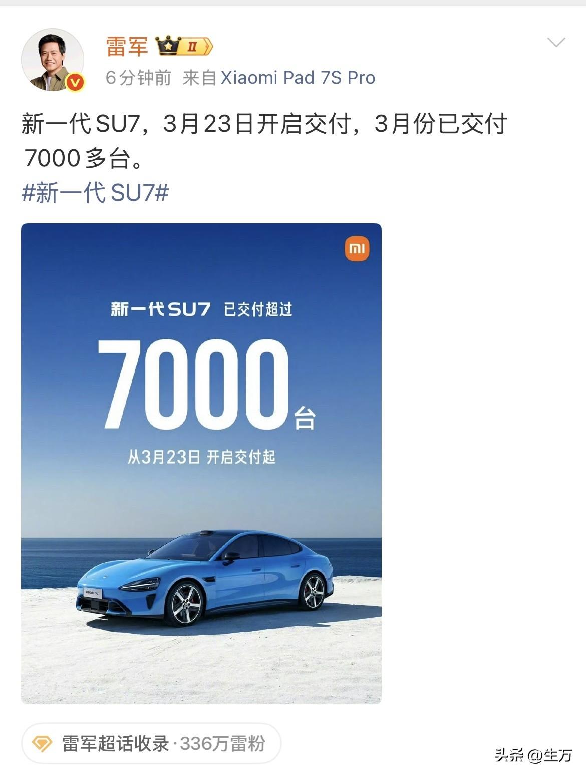 雷军:新一代SU7，3月23日开启交付，3月份已交付7000多台。 

今天是四
