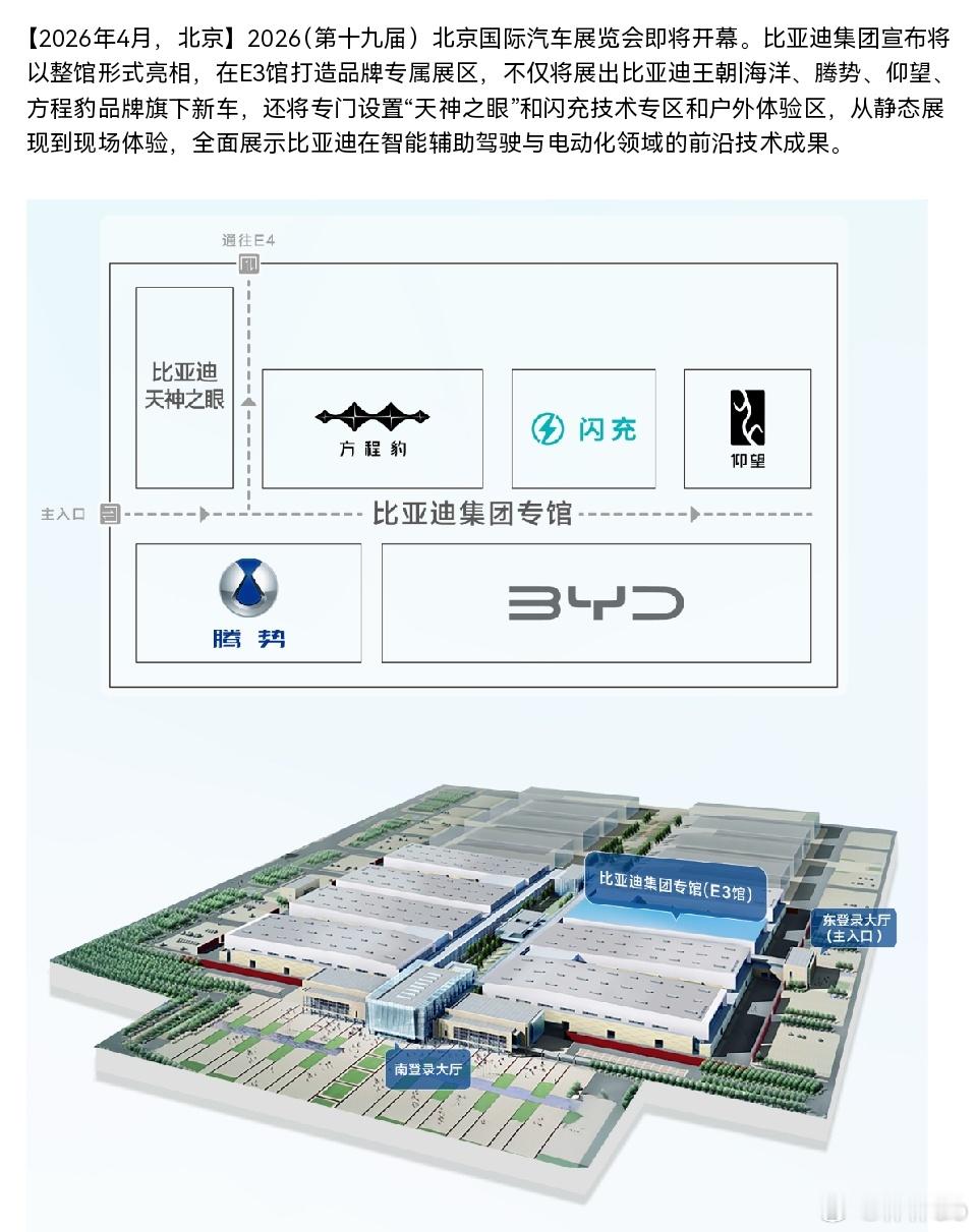 比亚迪集团包馆北京车展E3馆 五网四品牌同台亮相。有比亚迪王朝|海洋、腾势、仰望