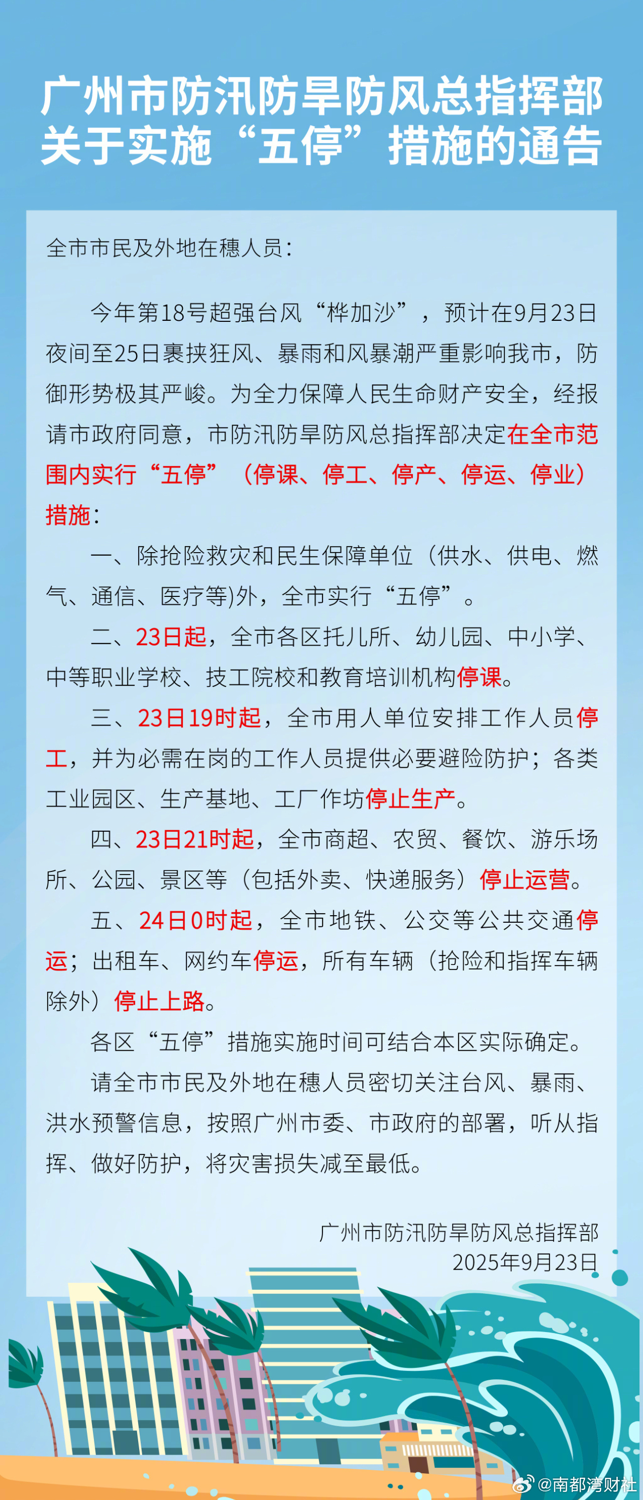 【#广州全市五停#】#桦加沙# 今年第18号超强台风“桦加沙”，预计在9月23日