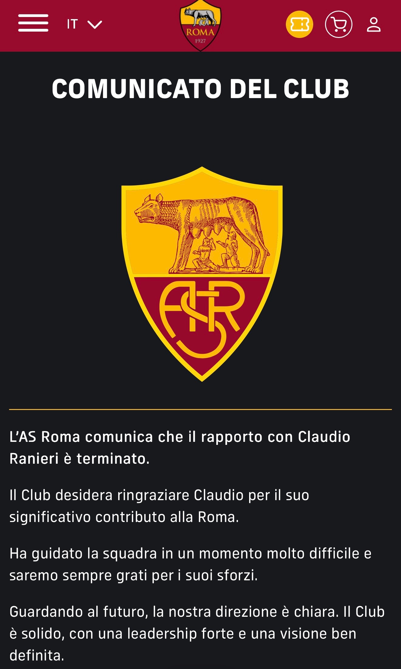 罗马官方宣布拉涅利离任完整公告：罗马俱乐部宣布与克劳迪奥-拉涅利的合作关系已经结