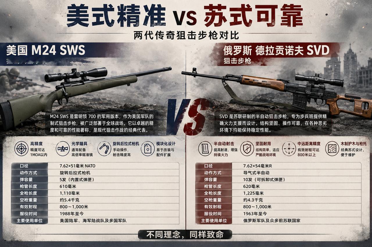 一把栓动追求极致精度，一把半自动主打持续火力，M24和SVD就是冷战两大阵营狙击